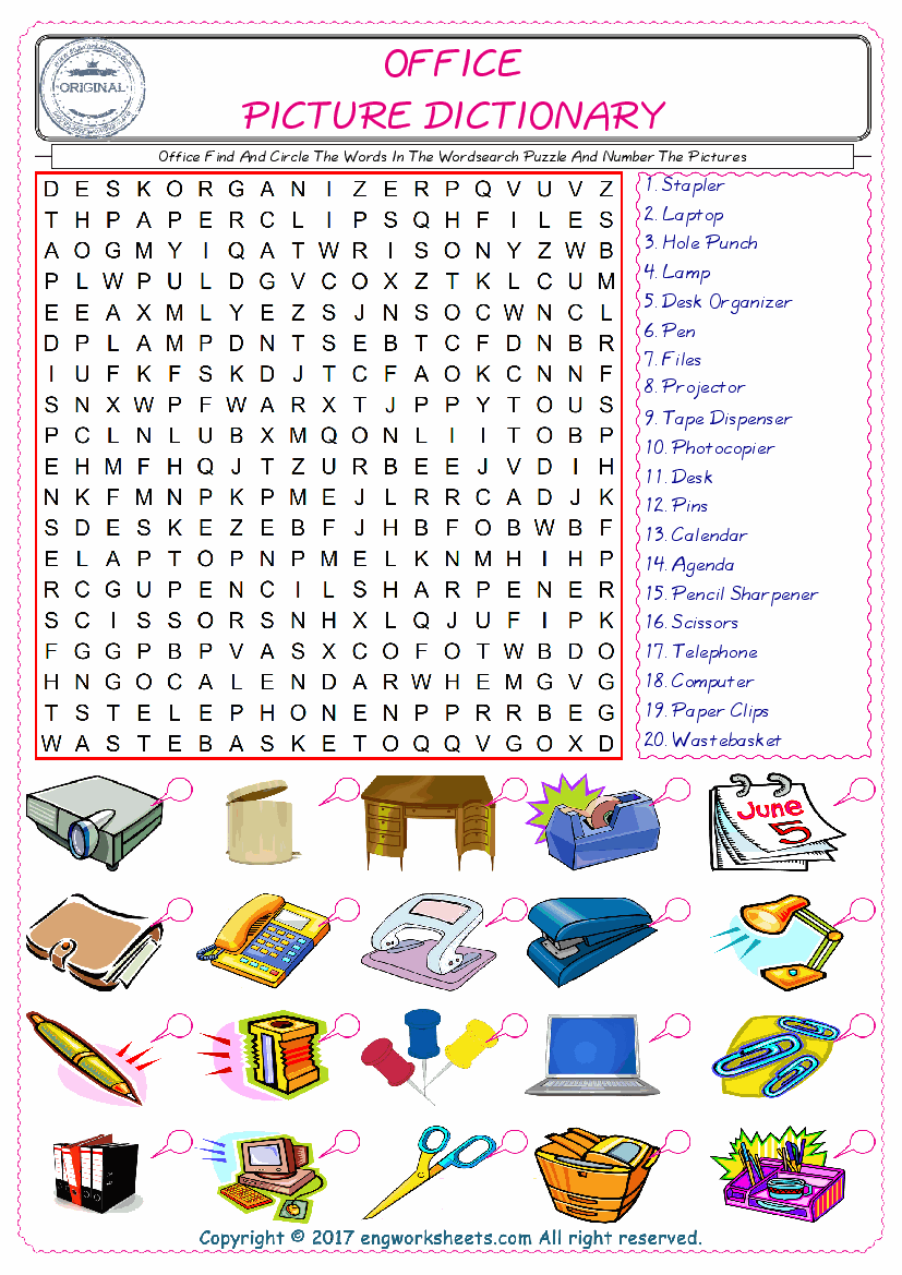 ESL wordsearch worksheets for kids, find Office words in the word wordsearch write its number on its picture English worksheet. 